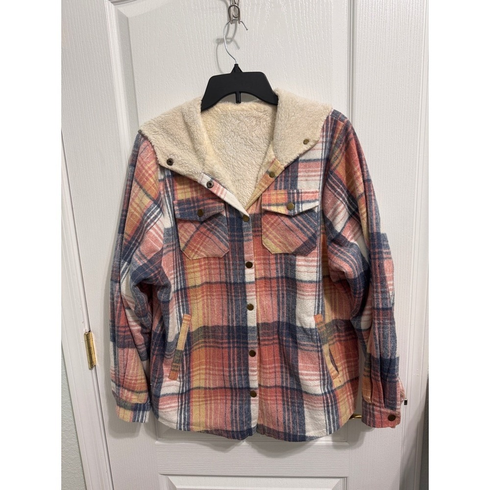 Womens Plaid Sherpa Lined Hooded Shacket Jacket Pink Blue Yellow Cream L - Picture 2 of 9
